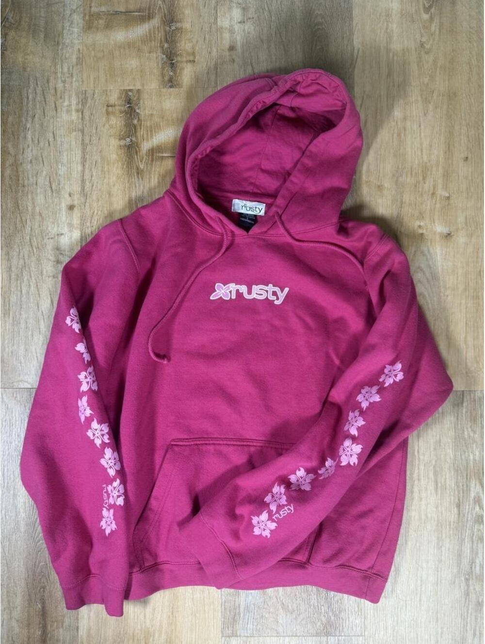 Y2K Rusty Pink Surf Flower Hoodie – Women’s L